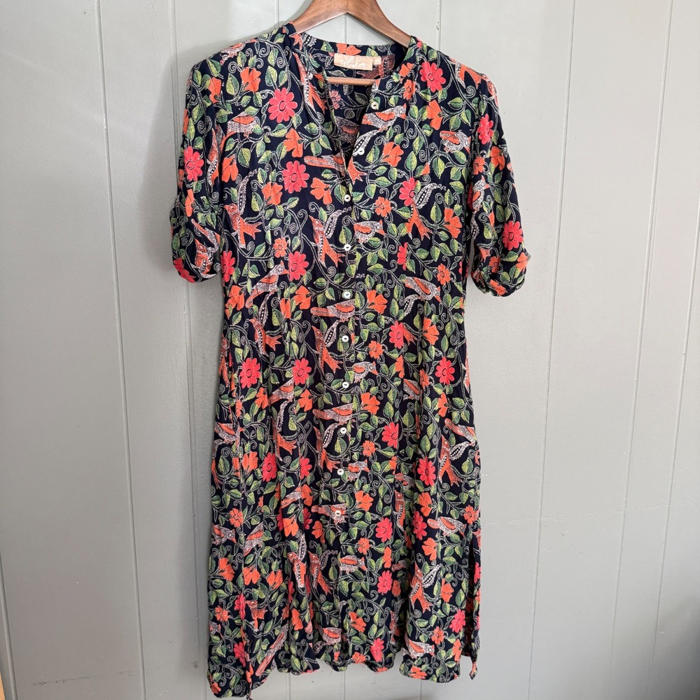 Utsa Navy Blue Floral Bird Print Button Front Viscose Dress Womens Size XL